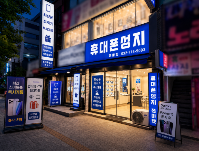 파란색 휴대폰성지 폰마켓 간판과 매장 입구